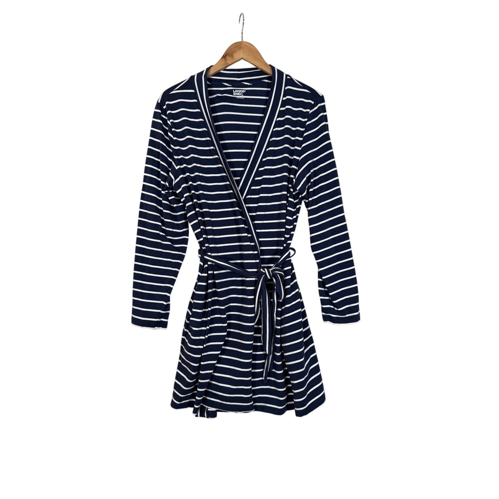 Lands' End Robe Womens S/M Blue Striped Good Cotton Blend Long Sleeve Belted